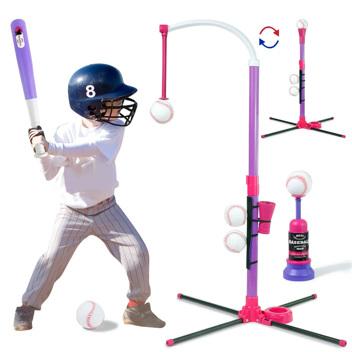 3-in-1 Adjustable Height Kids Baseball Set with Auto Launcher