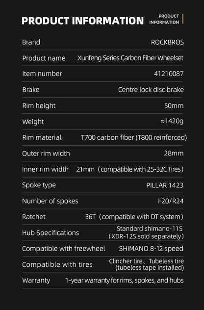 ROCKBROS Road Bike T700 Carbon Fiber Wheelset 50mm Rim Disc Brake Bike Wheels Clincher/Tubeless