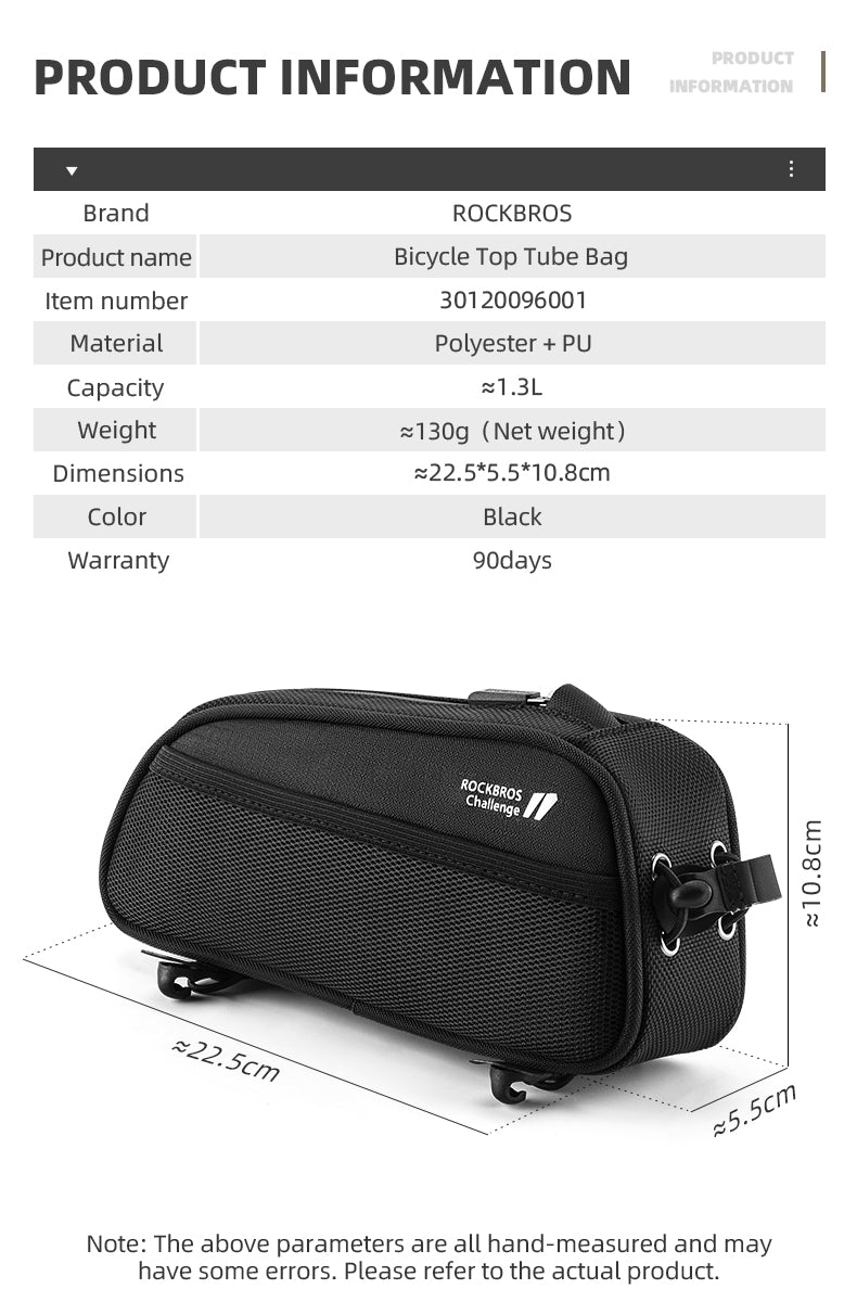 ROCKBROS Bicycle Top Tube Bag 1.3L Mountain Road Bike Frame Bag Reflective