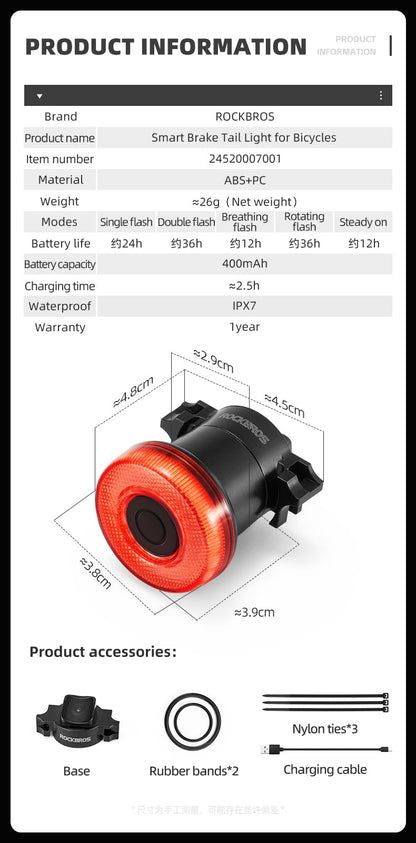 ROCKBROS Upgraded Smart Bicycle Brake Light USB-C Rechargeable IPX7 Waterproof Cycling Rear Light