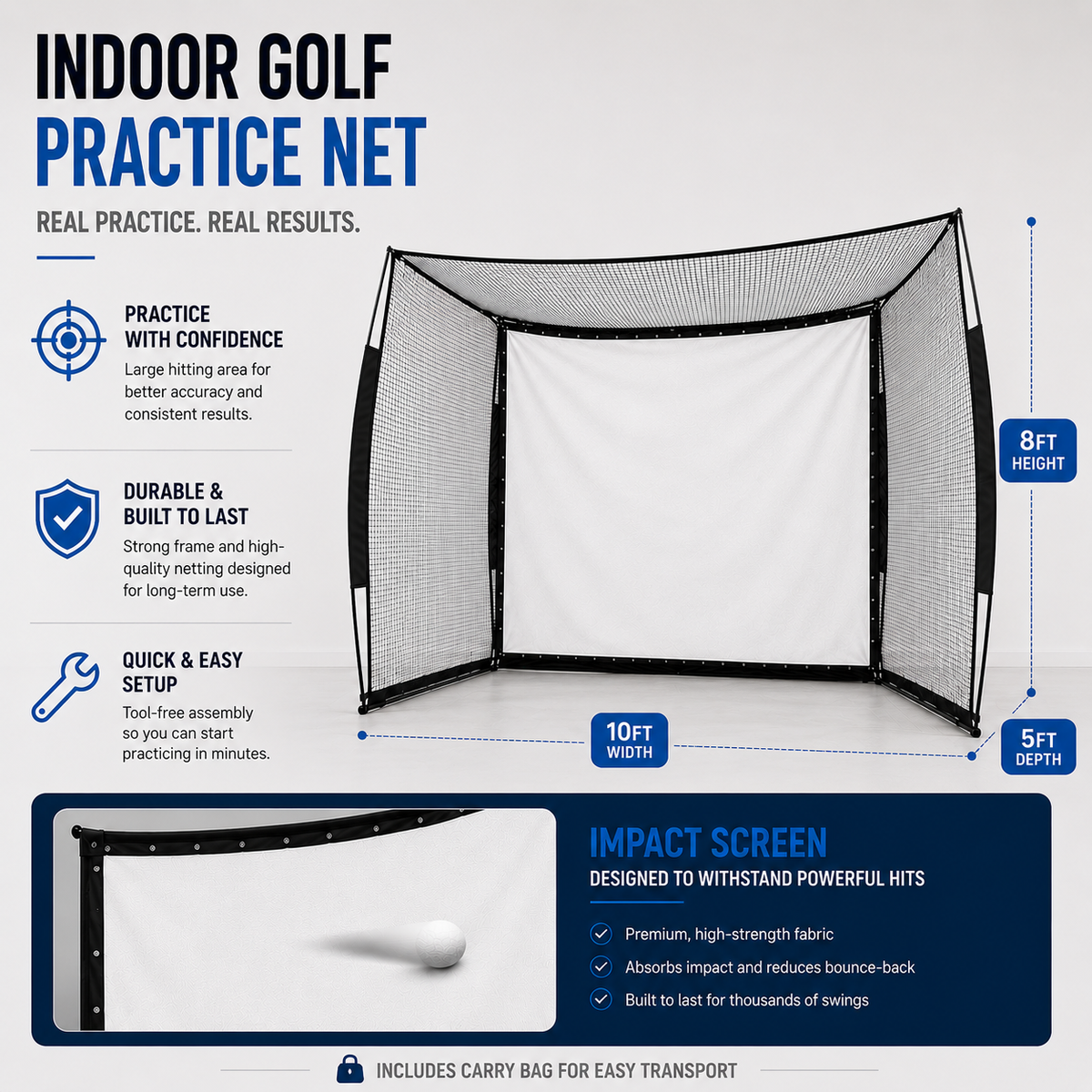 Golf Range Cage with Impact Screen – 10 × 8 × 5 ft