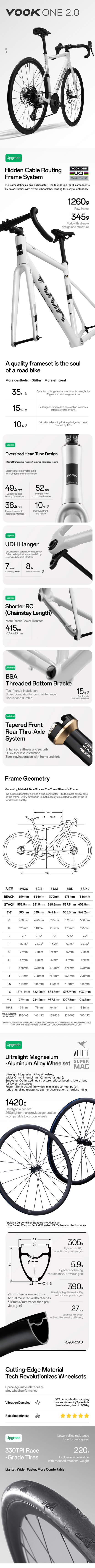 VOOK ONE 2.0 Road Bike Lightweight 7.8kg, 1290g aluminum frame + 345g carbon fork