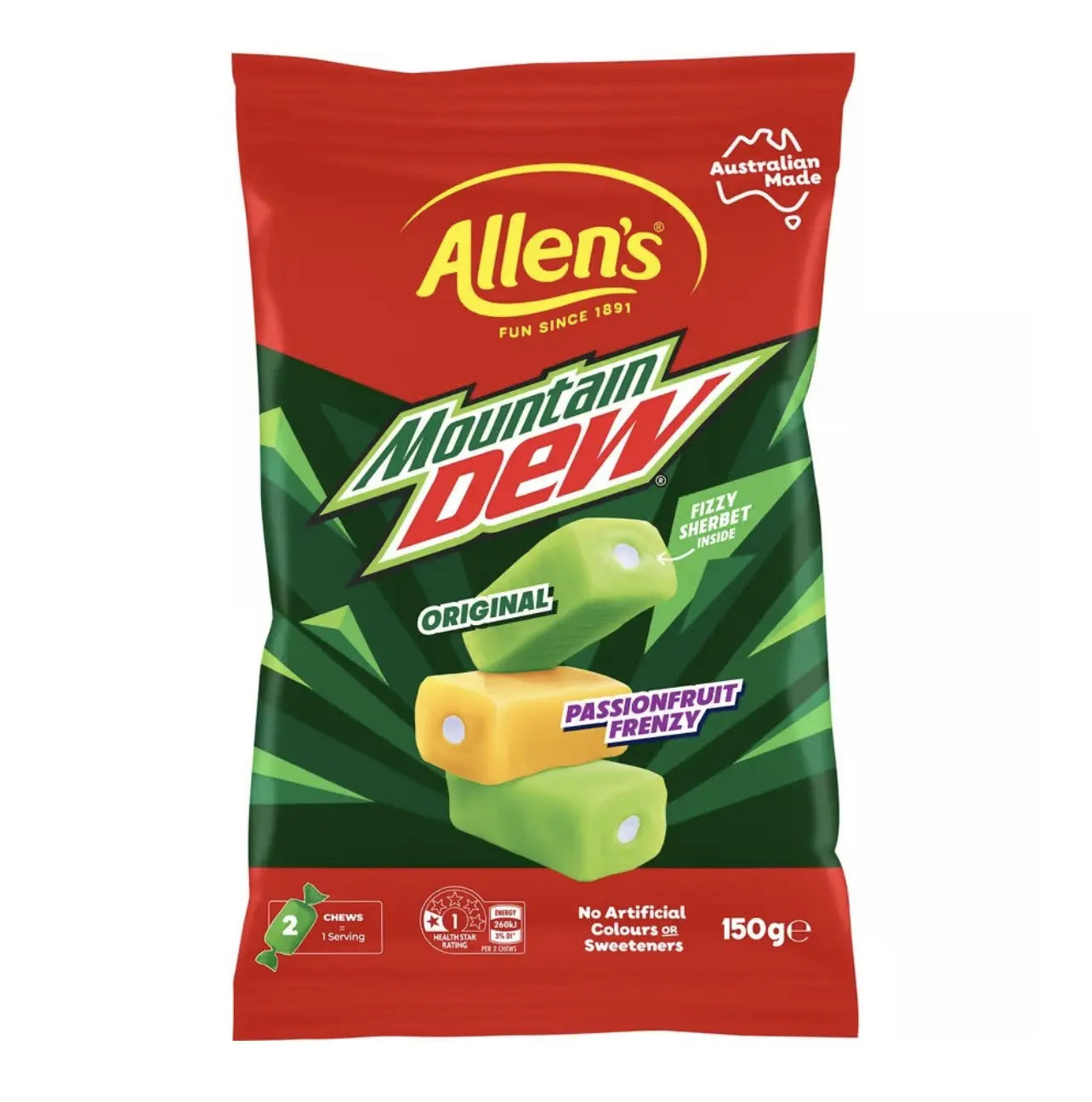 Allen's Mountain Dew Original and Passionfruit Frenzy Chews – Fizzy Filled Candy (Australia)