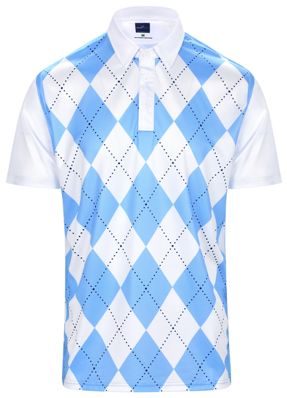 Classic Argyle Sky Blue & White Mens Golf Polo Shirt by ReadyGOLF