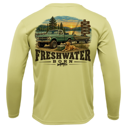 Freshwater Born- Fish, Hunt, Explore, Unwind Boy's UPF 50+ Dry-Fit Shirt