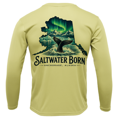 Anchorage, AK Northern Lights Whale Tail Boy's Long Sleeve UPF 50+ Dry-Fit Shirt