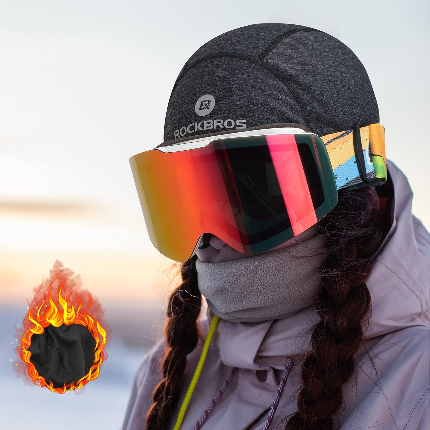 ROCKBROS Winter Skull Cap Helmet Liner, Thermal Cycling Beanie with Glasses Holes