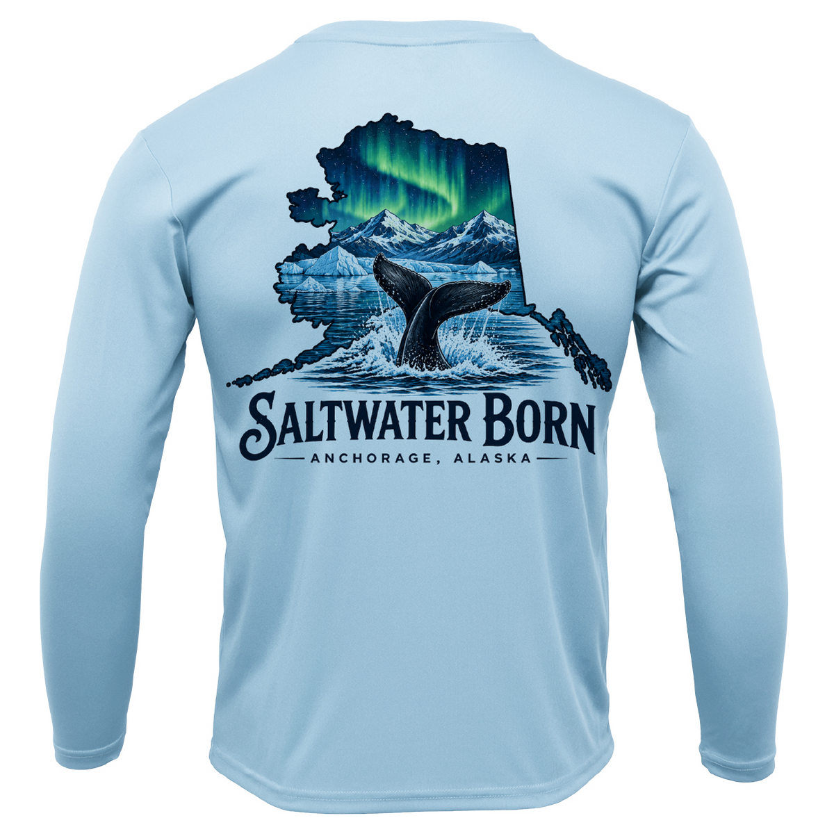 Anchorage, AK Northern Lights Whale Tail Boy's Long Sleeve UPF 50+ Dry-Fit Shirt