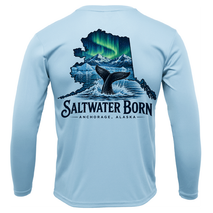 Anchorage, AK Northern Lights Whale Tail Boy's Long Sleeve UPF 50+ Dry-Fit Shirt