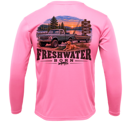 Freshwater Born- Fish, Hunt, Explore, Unwind Boy's UPF 50+ Dry-Fit Shirt