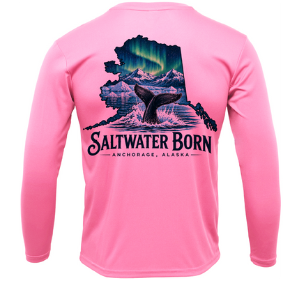 Anchorage, AK Northern Lights Whale Tail Boy's Long Sleeve UPF 50+ Dry-Fit Shirt