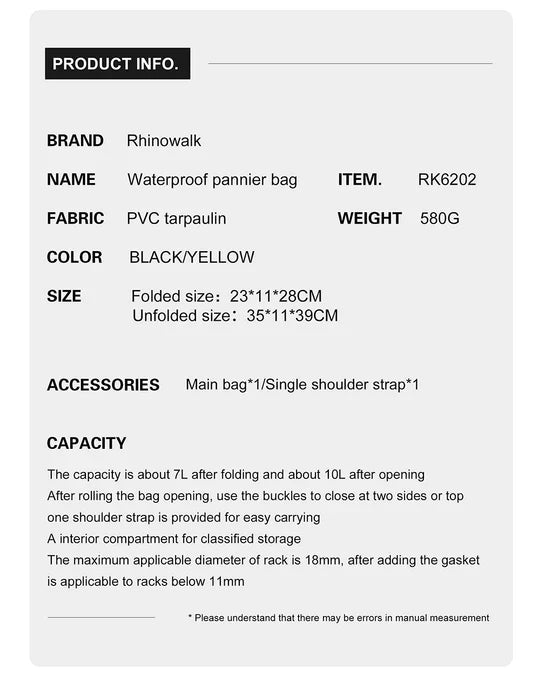 Rhinowalk Waterproof Pannier Rear Rack Bag-RK6202 7L