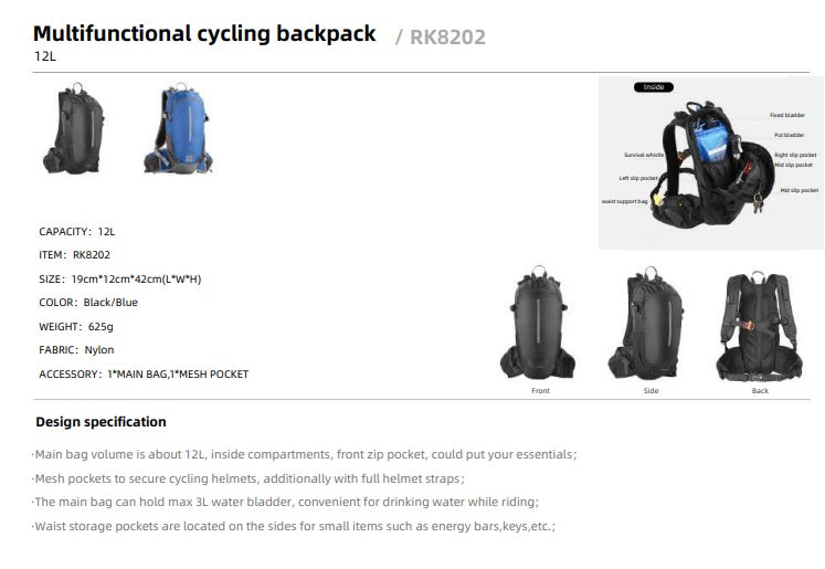 Rhinowalk Climbing Backpack Cycling Backpack Outdoor Sports Bag Travel Backpack Camping Hiking Backpack RK8202 12L