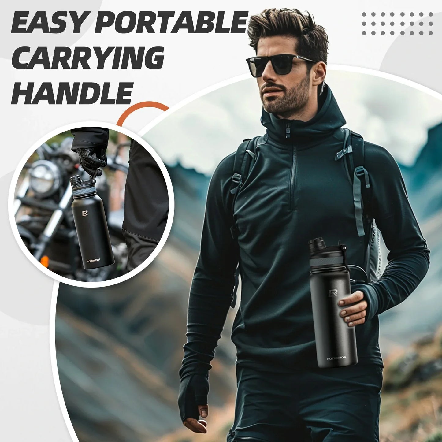 ROCKBROS Stainless Steel Insulated Water Bottle with Straw