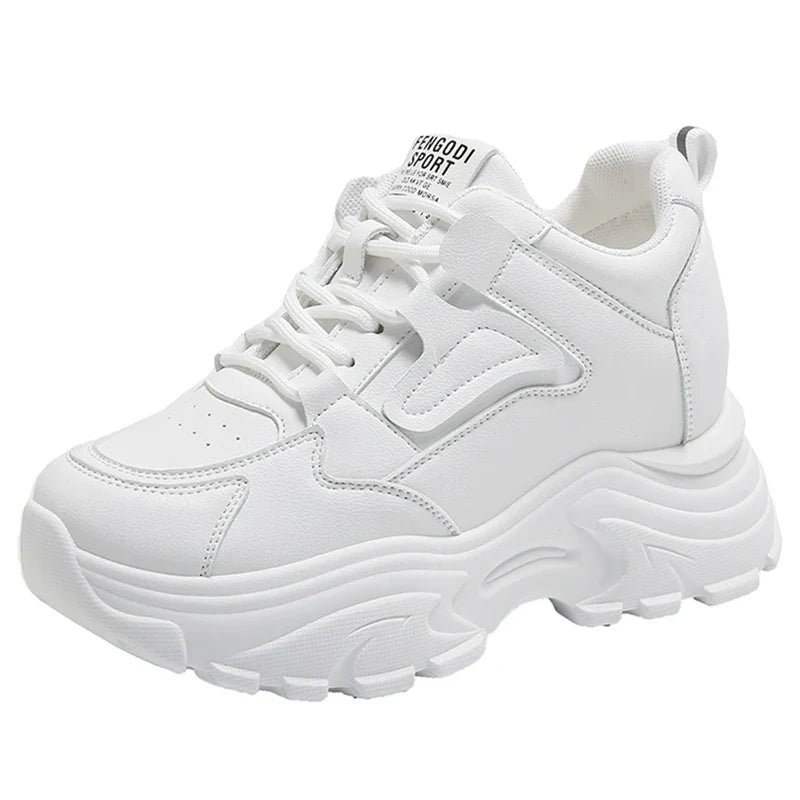 Women's White Platform Sneakers  Lace Up Thick Sole Breathable