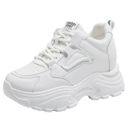 Women's White Platform Sneakers  Lace Up Thick Sole Breathable