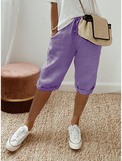 Women's Summer Cotton Linen Shorts Elastic Waist & Pockets