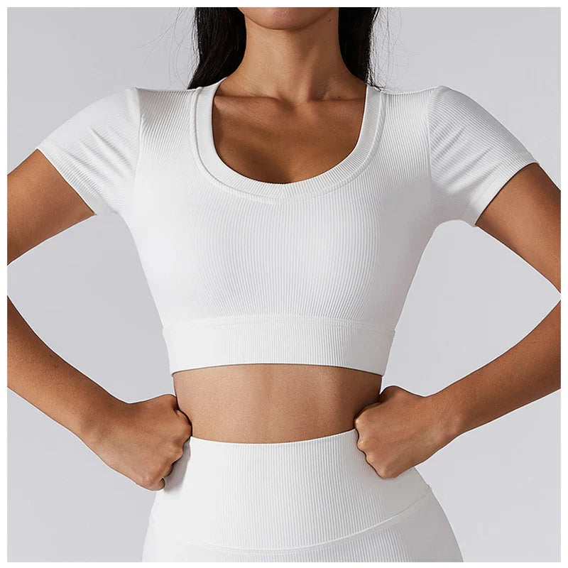Seamless Yoga Shirts Deep V Neck  Short Sleeve