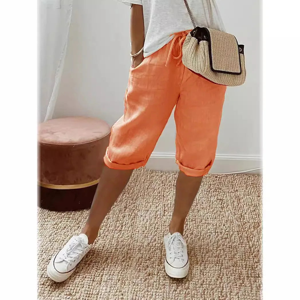 Women's Summer Cotton Linen Shorts Elastic Waist & Pockets