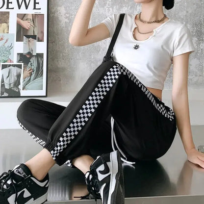 Women's Elastic High Waist Checkered Pants