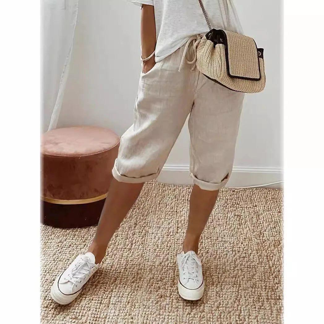 Women's Summer Cotton Linen Shorts Elastic Waist & Pockets