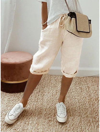 Women's Summer Cotton Linen Shorts Elastic Waist & Pockets