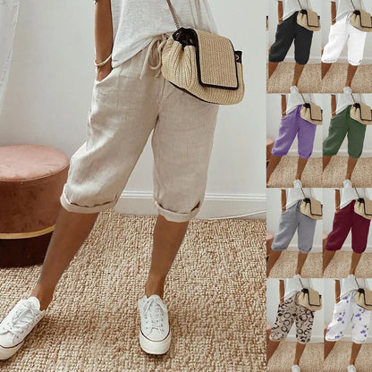 Women's Summer Cotton Linen Shorts Elastic Waist & Pockets