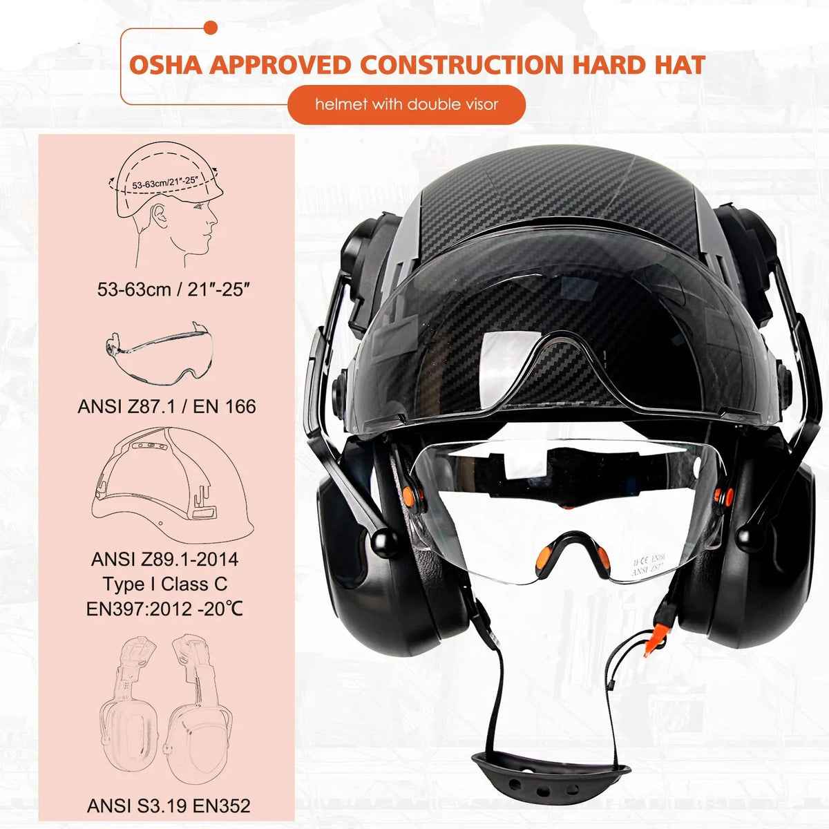 Carbon Fiber Vented Safety Helmet with Earmuffs & Goggles