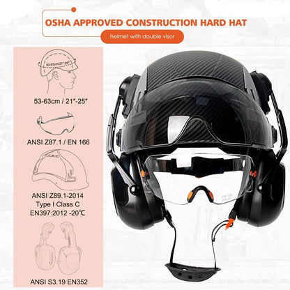 Carbon Fiber Vented Safety Helmet with Earmuffs & Goggles