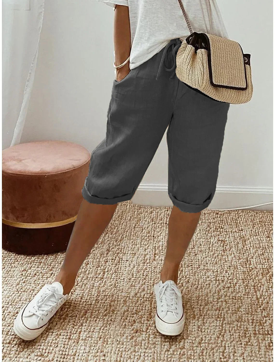Women's Summer Cotton Linen Shorts Elastic Waist & Pockets