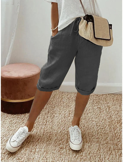 Women's Summer Cotton Linen Shorts Elastic Waist & Pockets
