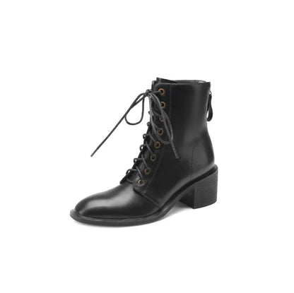 Women's Round Toe Split Leather Boots with Chunky Heels