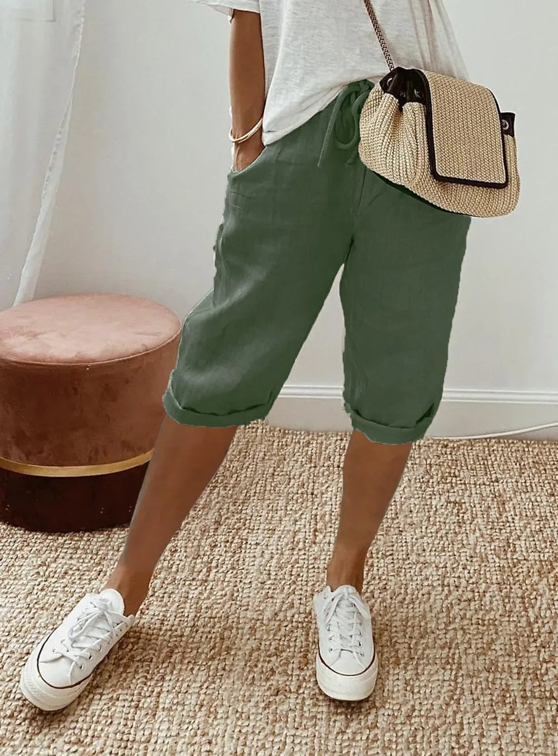 Women's Summer Cotton Linen Shorts Elastic Waist & Pockets