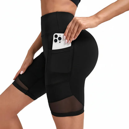 Women’s High Waist Mesh Yoga Shorts Tummy Control & Pockets