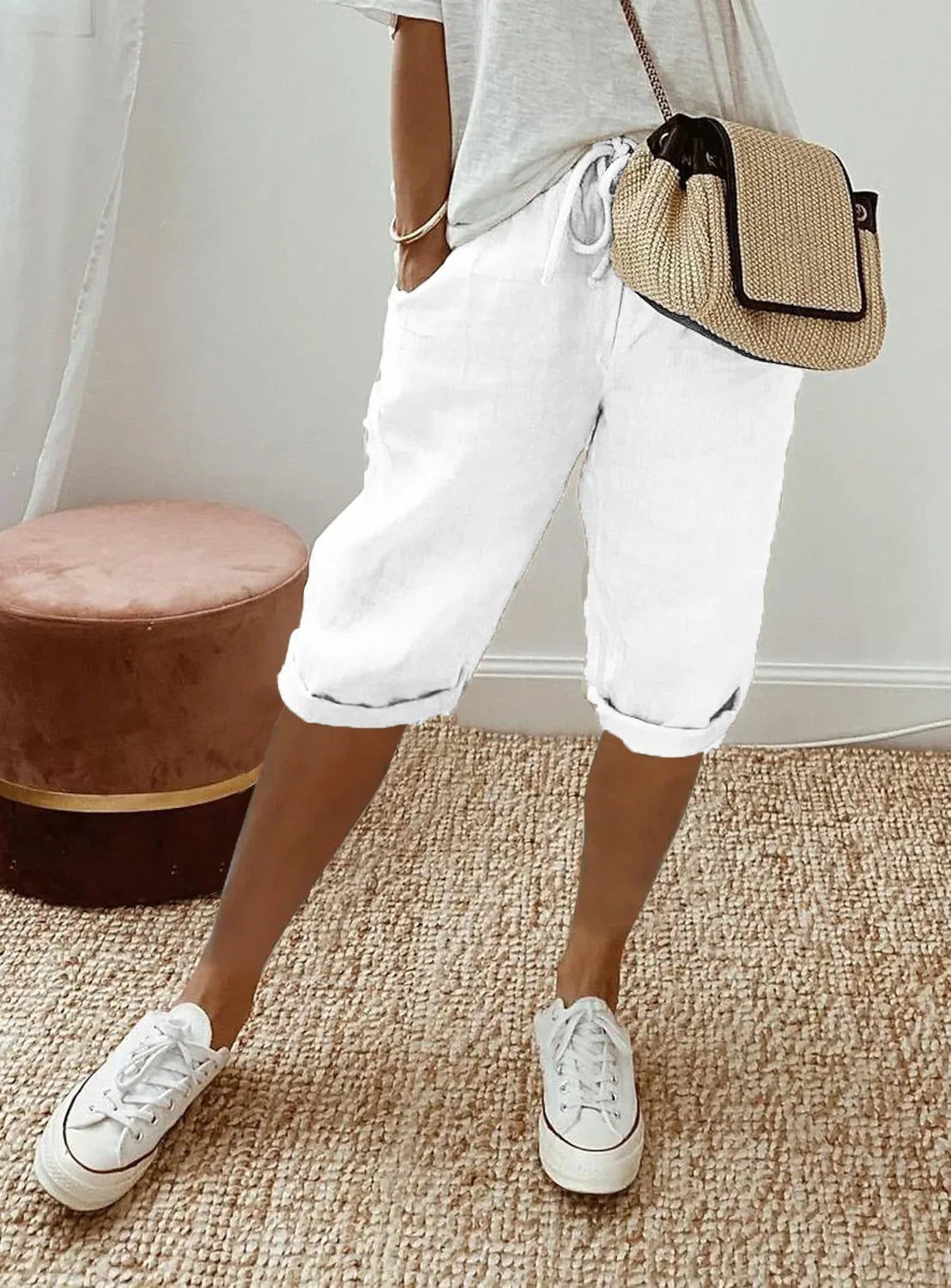 Women's Summer Cotton Linen Shorts Elastic Waist & Pockets