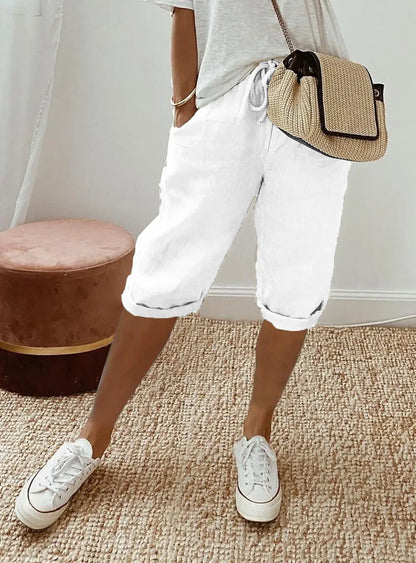 Women's Summer Cotton Linen Shorts Elastic Waist & Pockets