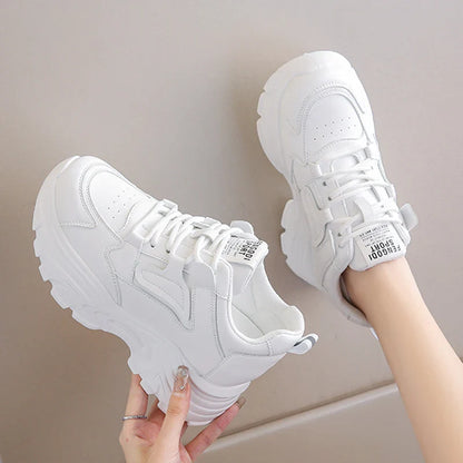 Women's White Platform Sneakers  Lace Up Thick Sole Breathable