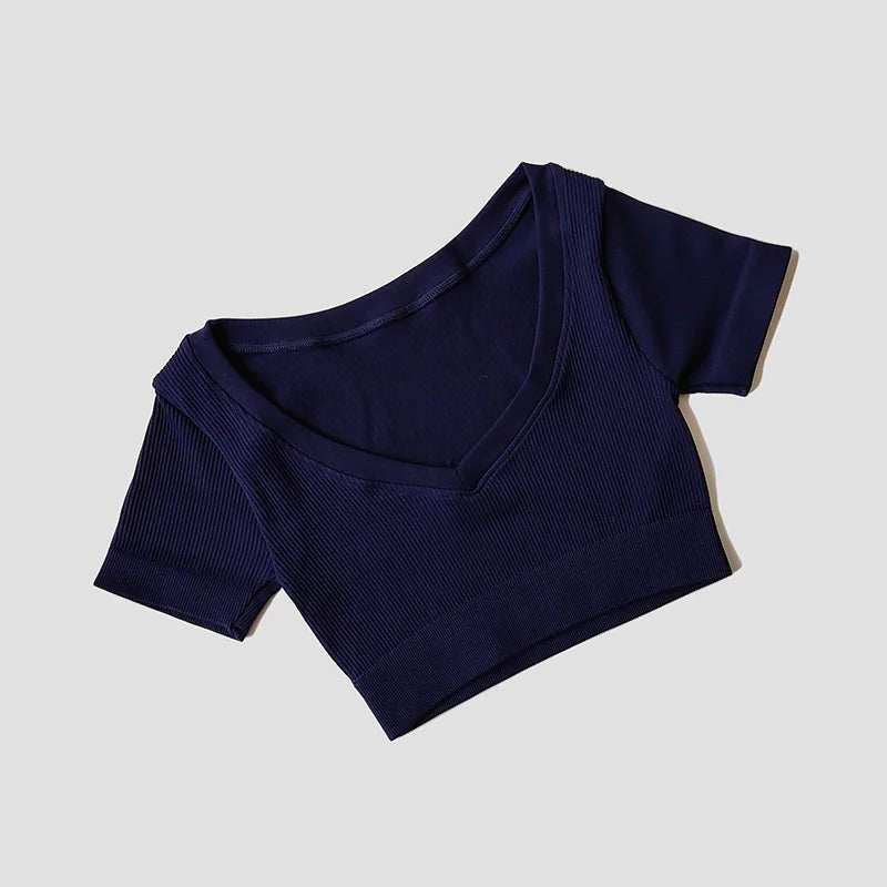 Seamless Yoga Shirts Deep V Neck  Short Sleeve