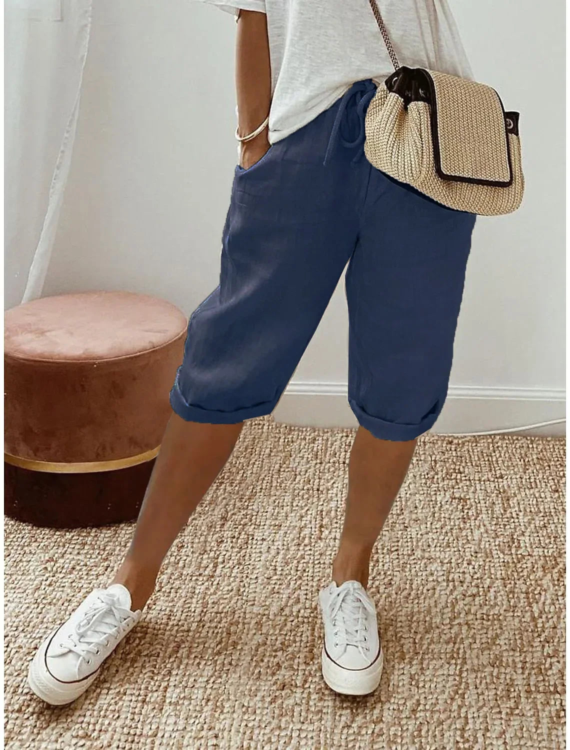 Women's Summer Cotton Linen Shorts Elastic Waist & Pockets