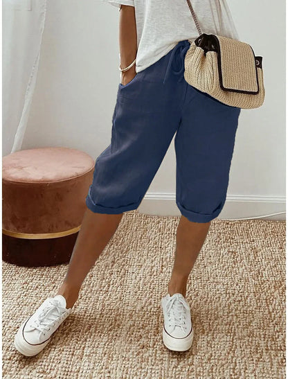 Women's Summer Cotton Linen Shorts Elastic Waist & Pockets