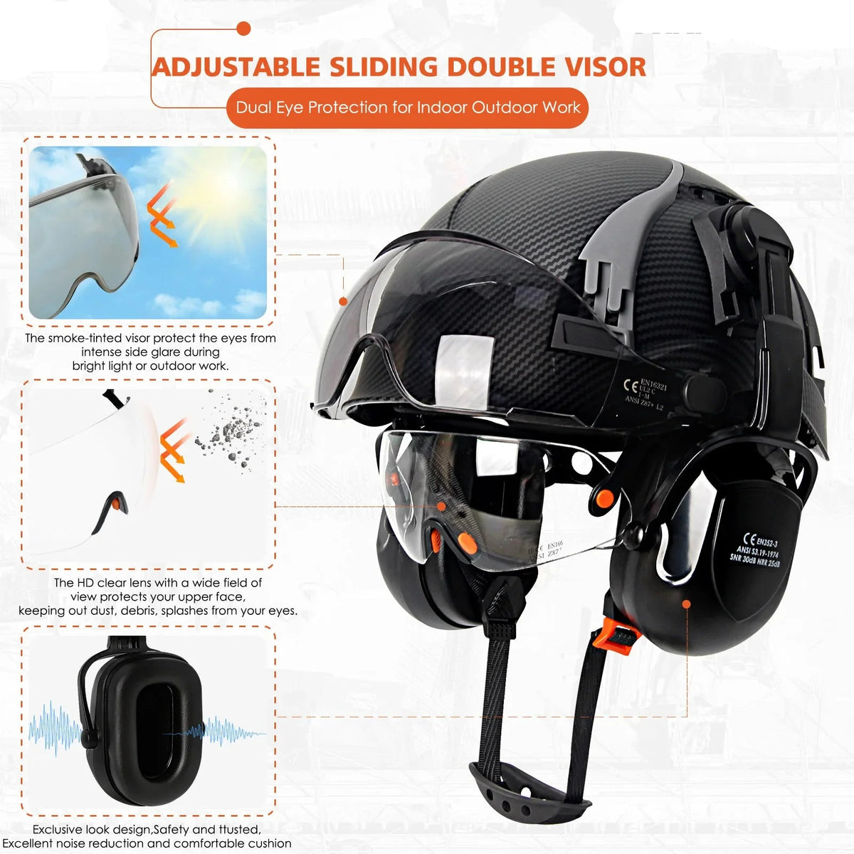 Carbon Fiber Vented Safety Helmet with Earmuffs & Goggles