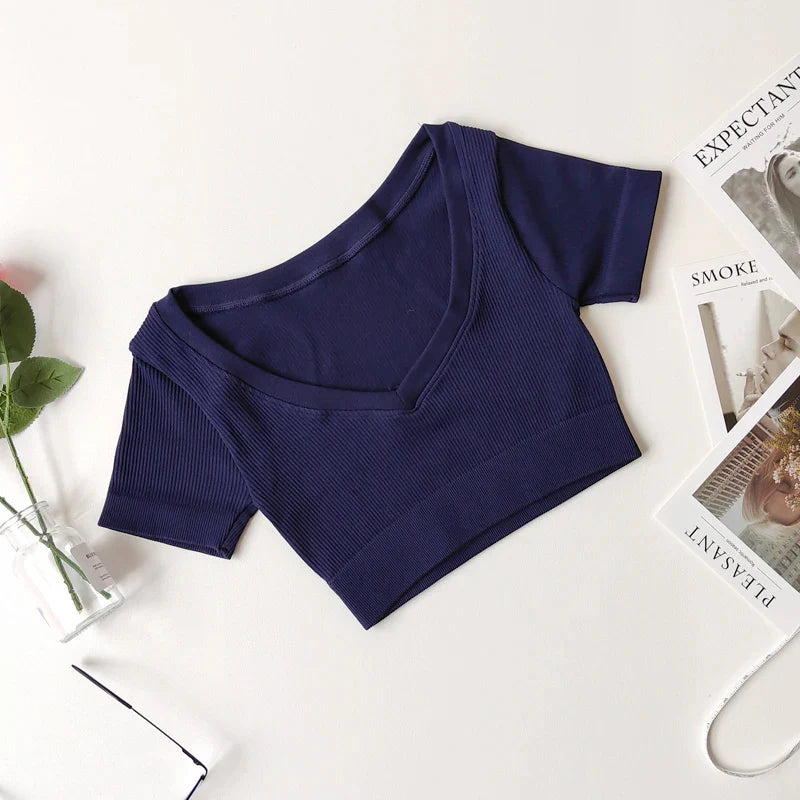 Seamless Yoga Shirts Deep V Neck  Short Sleeve