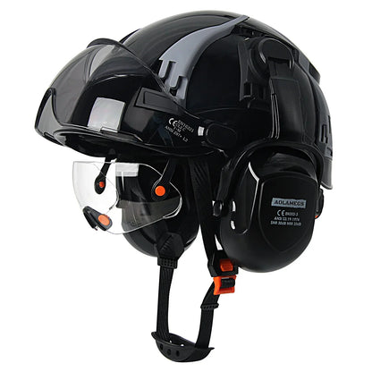 Carbon Fiber Vented Safety Helmet with Earmuffs & Goggles