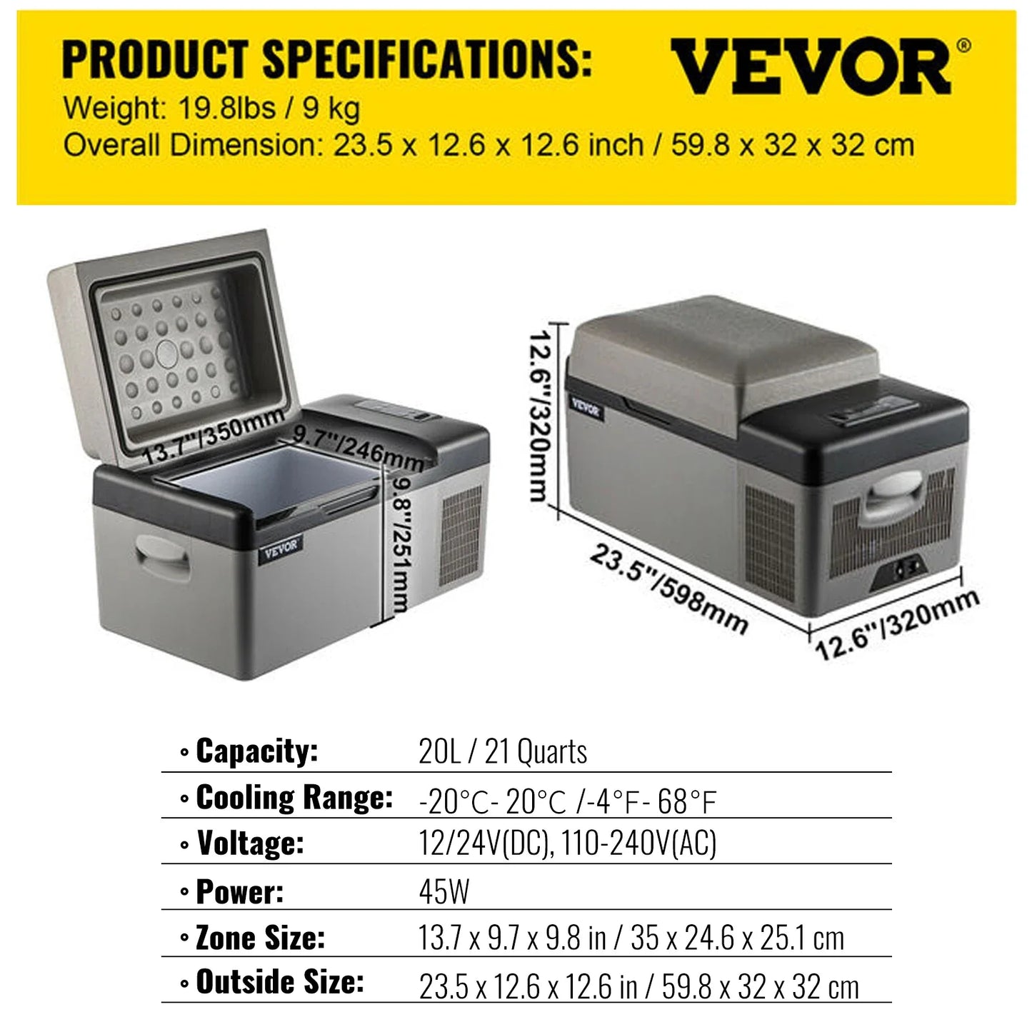 Portable Car Fridge (20-55L) with Dual Power (12/24V DC, 110-240V)