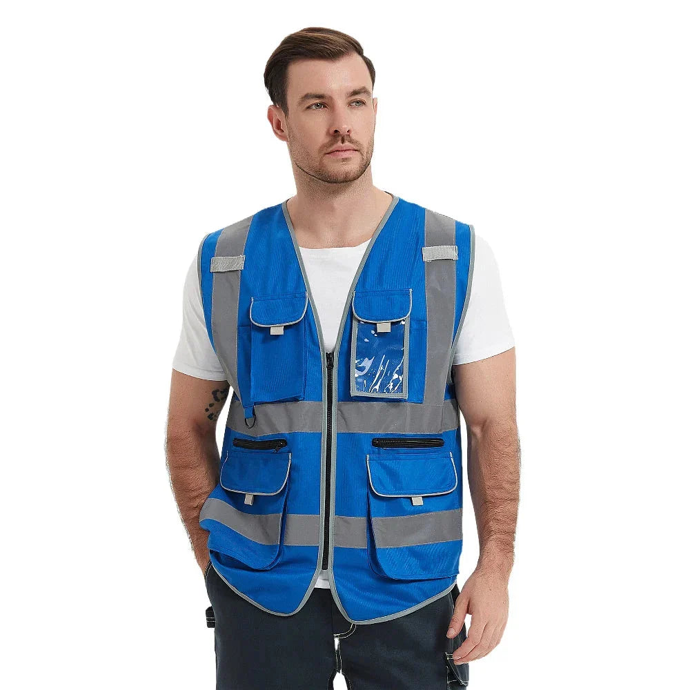 Heavy Duty Reflective Safety Vest with 9 Pockets and Zippers