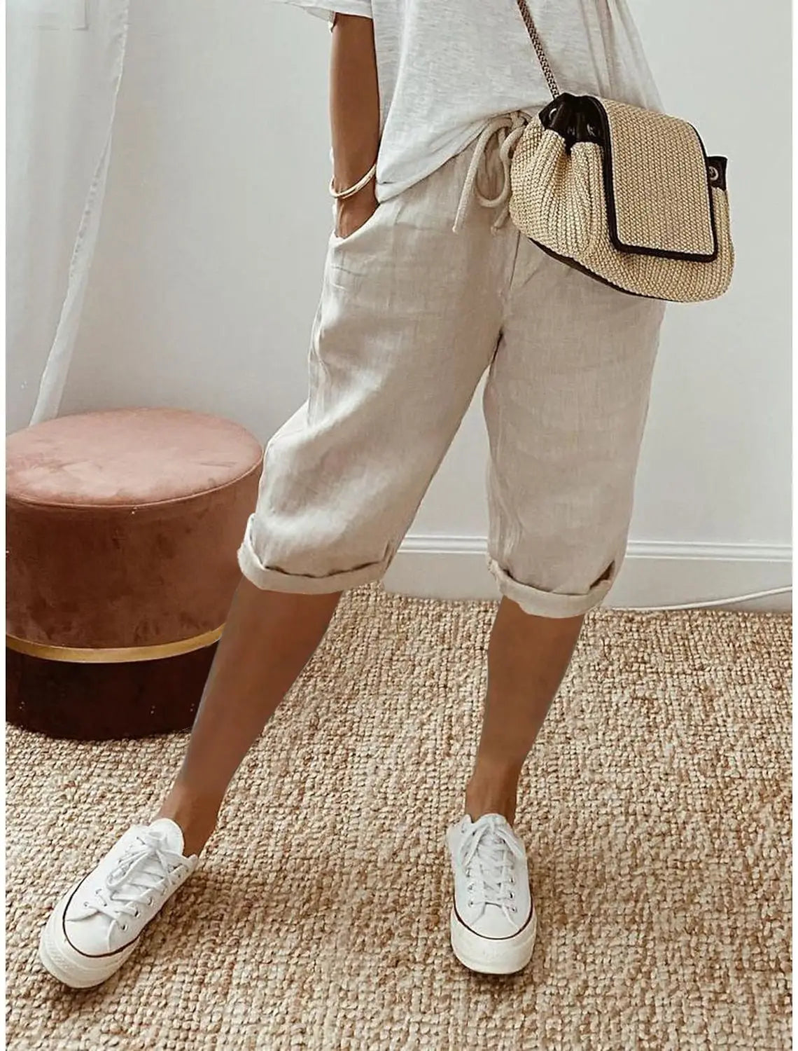 Women's Summer Cotton Linen Shorts Elastic Waist & Pockets