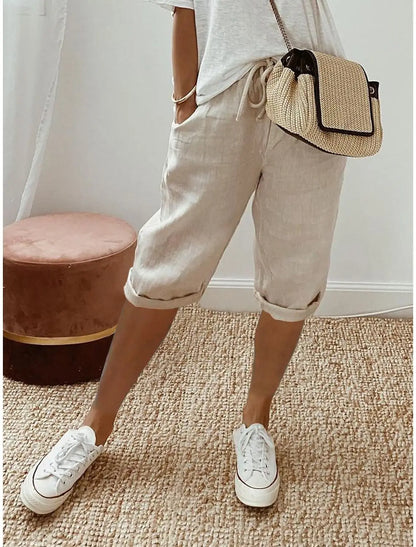 Women's Summer Cotton Linen Shorts Elastic Waist & Pockets