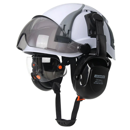 Carbon Fiber Vented Safety Helmet with Earmuffs & Goggles
