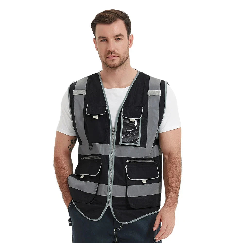 Heavy Duty Reflective Safety Vest with 9 Pockets and Zippers