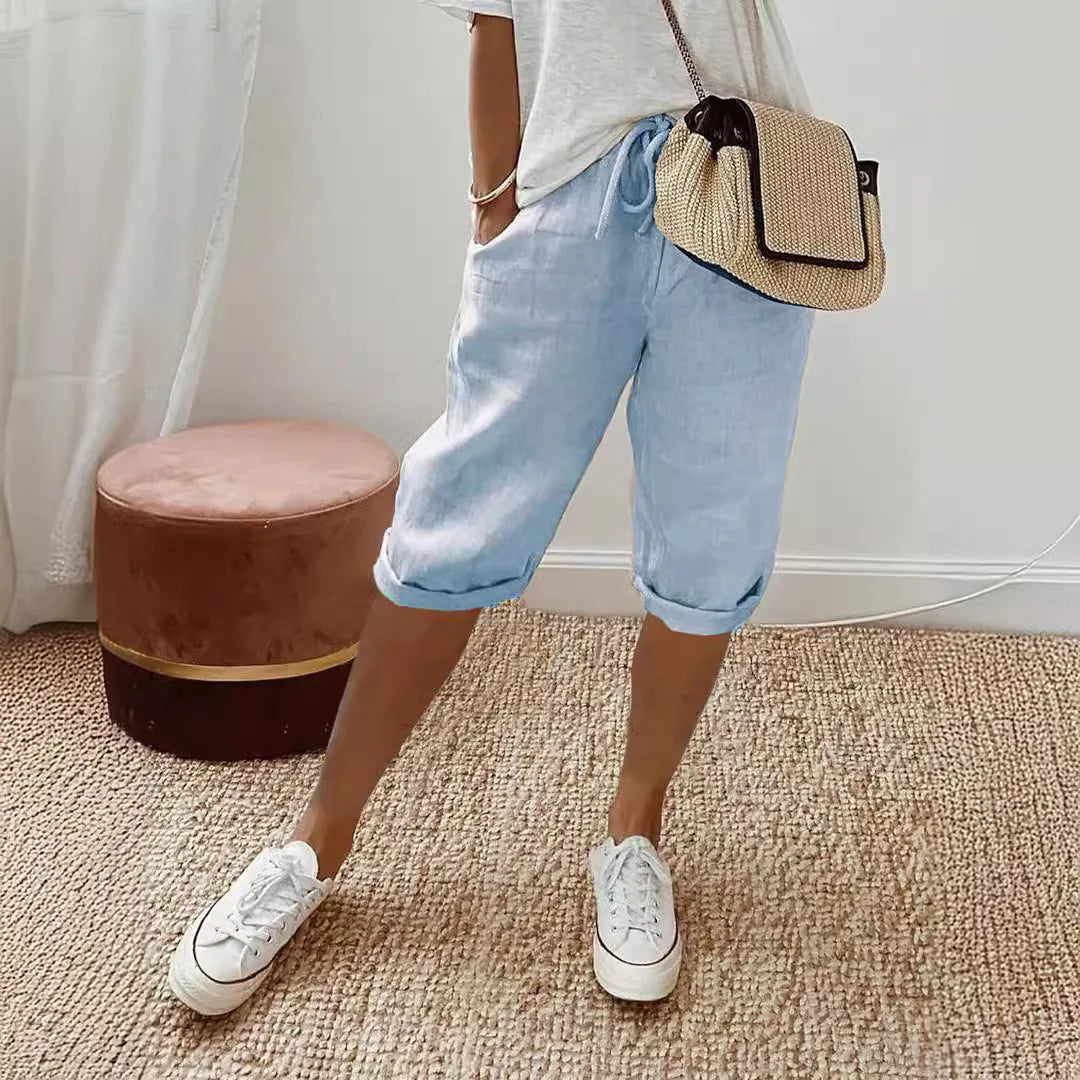 Women's Summer Cotton Linen Shorts Elastic Waist & Pockets